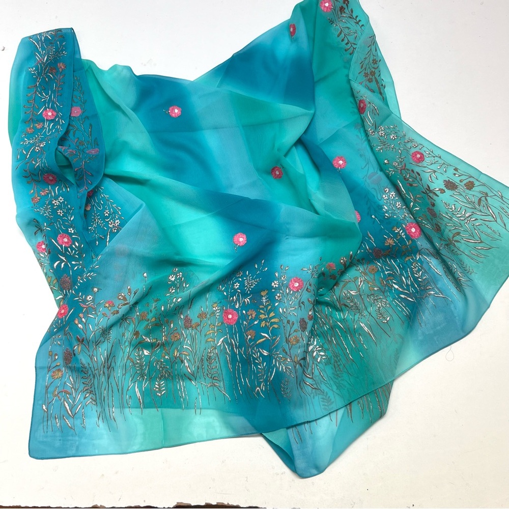 Floral Teal Green Hand Painted Silk Scarf